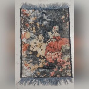 Vintage French Tapestry Victorian Lovers Wall Decor Tapestry, 25"x18" w/ fringe
